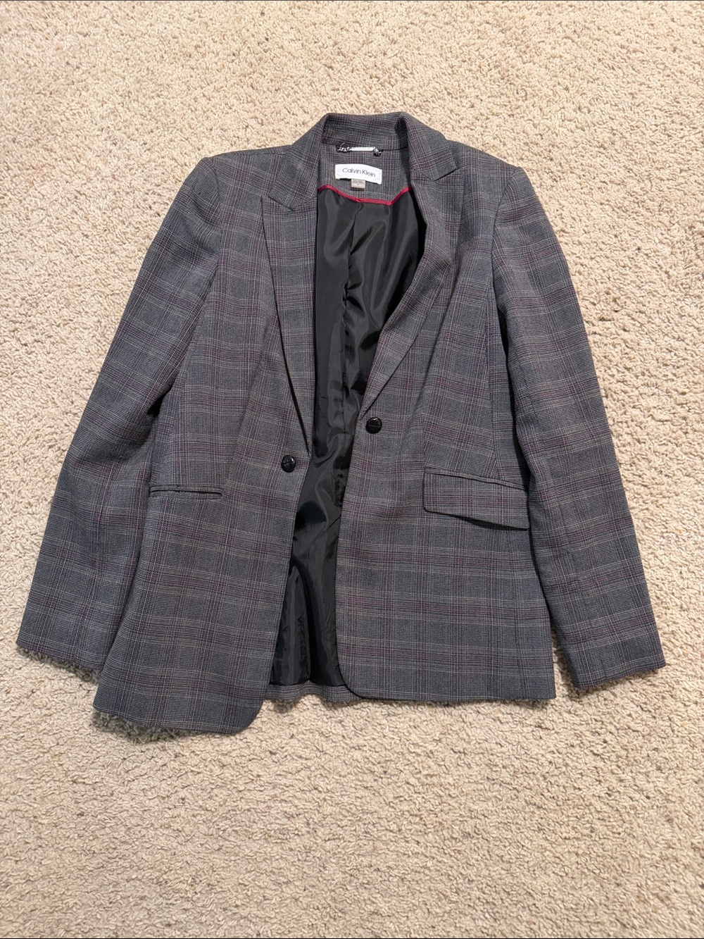 Calvin Klein Men's Gray Check Blazer with Subtle Red Windowpane